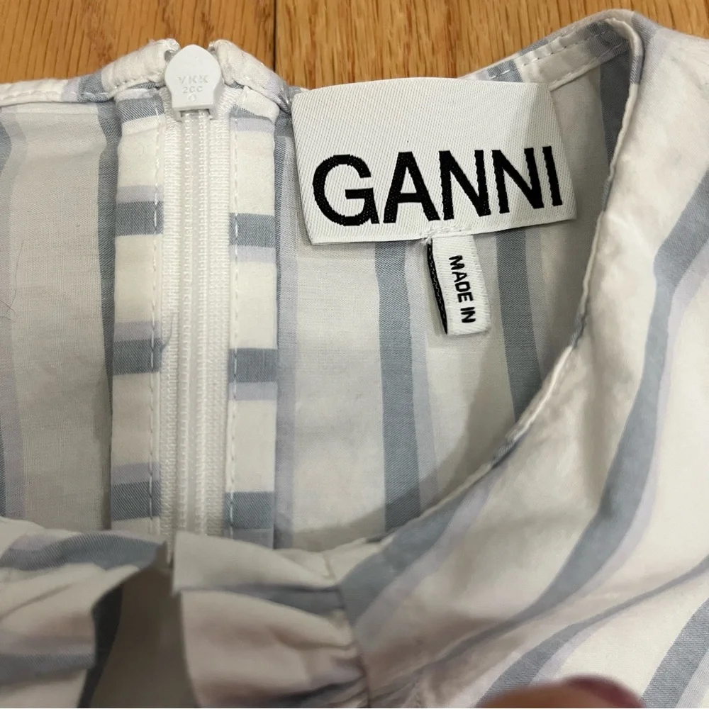 Ganni Blue and White Striped Balloon Sleeve Dress - Picture 4 of 12